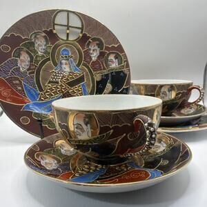 Vintage Japanese Satsuma Antique Tea Trio Cup Geisa BONE CHINA PORCELAIN GOLD Li